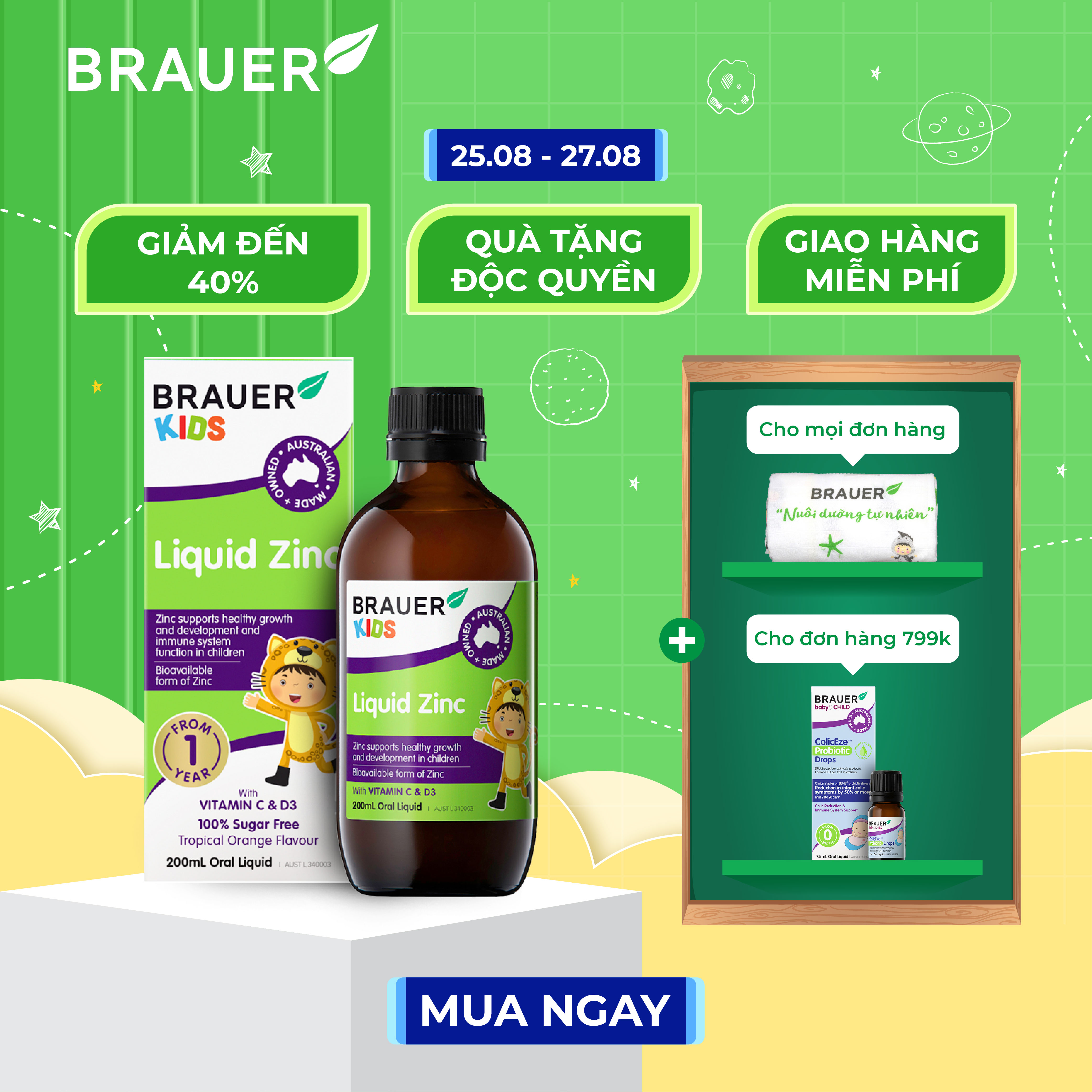 Siro brauer zinc - kẽm hỗ trợ biếng ăn cho trẻ từ 1 tuổi