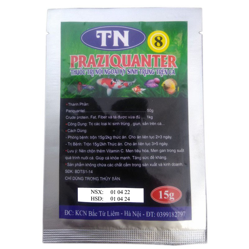 TN8 PRAZIQUANTER  Đặc Trị Nội Ngoại Ký Sinh Trùng, Giun, Sán Trên Cá ( 15gr)