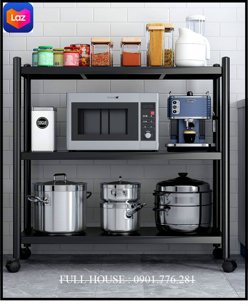 Kệ để đồ nhà bếp inox 304 tkhung thép sơn đen tĩnh điện không rỉ - Kệ để lò vi sóng - Kệ bếp đa năng - có bánh xe