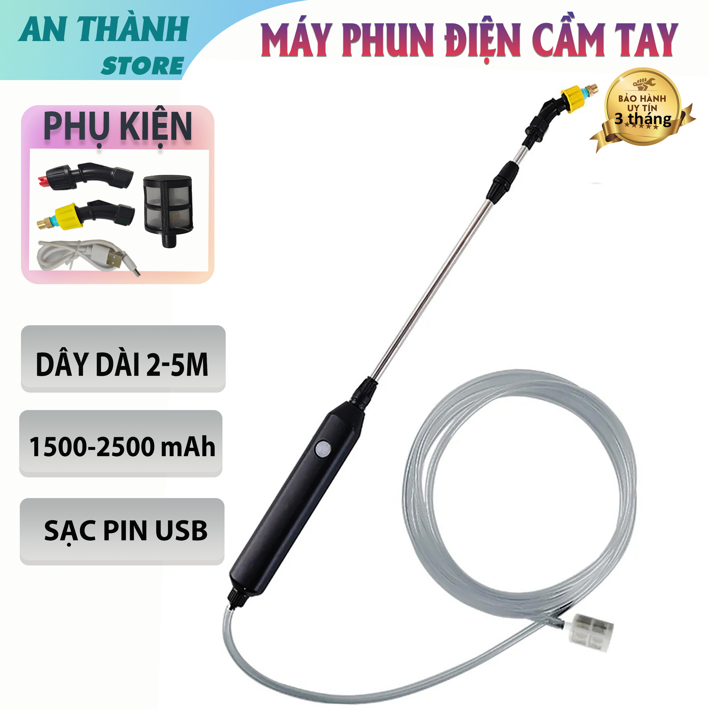 Máy phun nước, cần xịt phun thuốc điện cầm tay, công cụ làm vườn, tưới cây, phun thuốc, dây dài 2-5m, có sạc USB, bảo hành 3 tháng