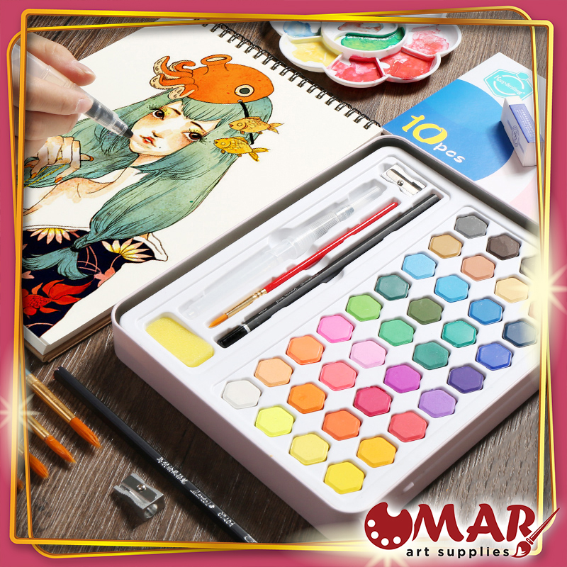 Bộ Màu Nước Keep Smiling Cao Cấp dạng màu nước khô được nén viên mịn Kèm Bút Nước Bút Lông Bút Chì Gọt Chì Miếng Mút