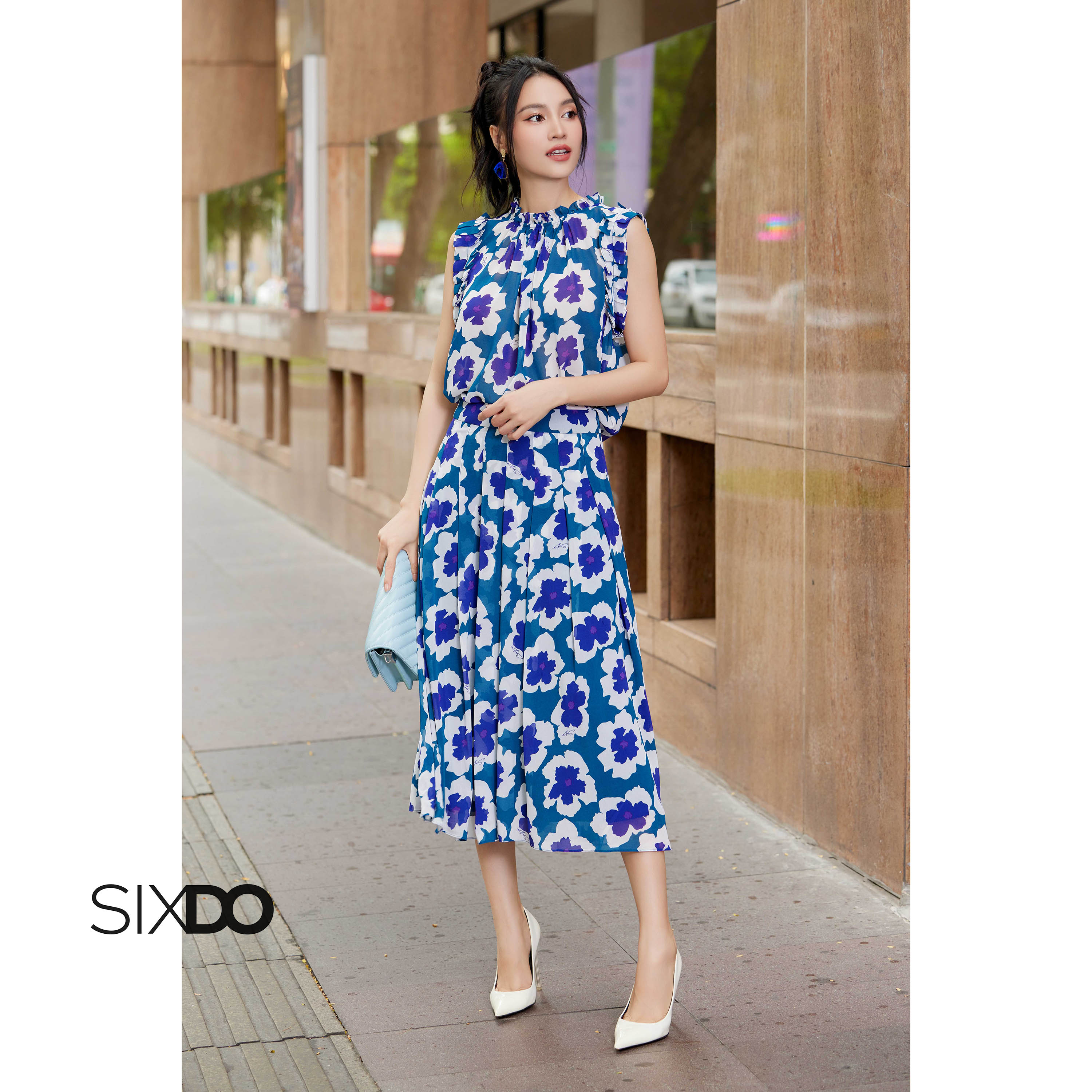 Chân váy hoa chiffon xếp ly SIXDO (Dark Mallard Green Floral Midi Chiffon Skirt)