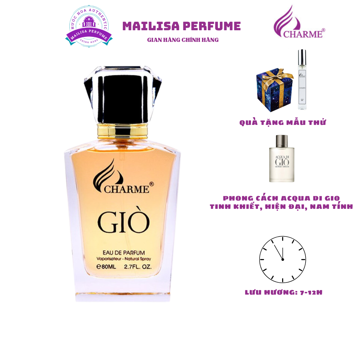 Nước hoa nam Char.me Giò 80ml Tinh khiết, hiện đại, nam tính lưu hương lâu 7 - 12 giờ