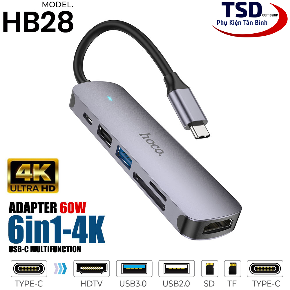Hoco Hub HB28 6 in 1 Convert Type C to USB 3.0, HDMI, USB C, High Speed Memory Card (USB C Multimedia Adapter )