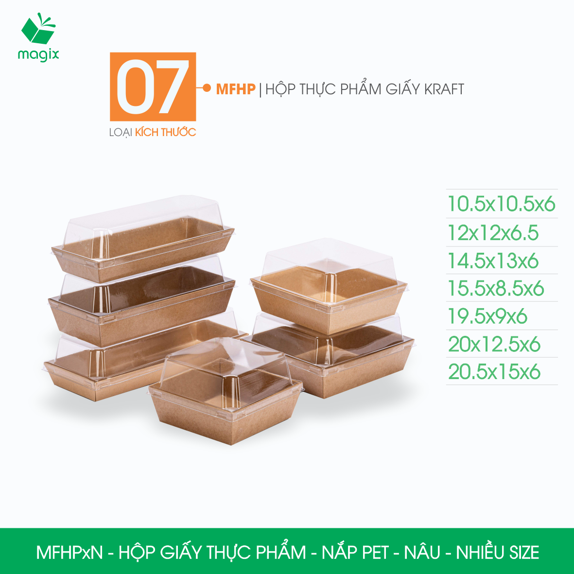 MFHPxN - Combo 25 hộp giấy kraft thực phẩm màu nâu nắp Pet, hộp giấy đựng thức ăn, hộp bánh nắp trong