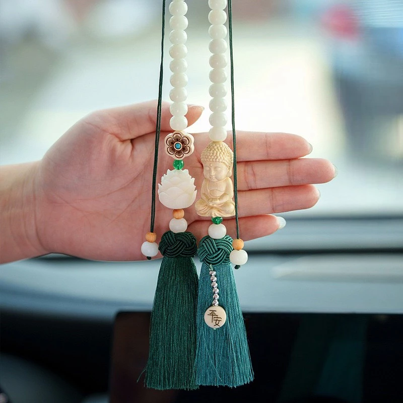 [HCM] Dây Treo Sen Gỗ Hoàng Dương Trang Trí Ô Tô,  Khánh dây đôi mix hoa sen, Phật Như Lai treo gương trang trí xe hơi mang lại may mắn, bình an