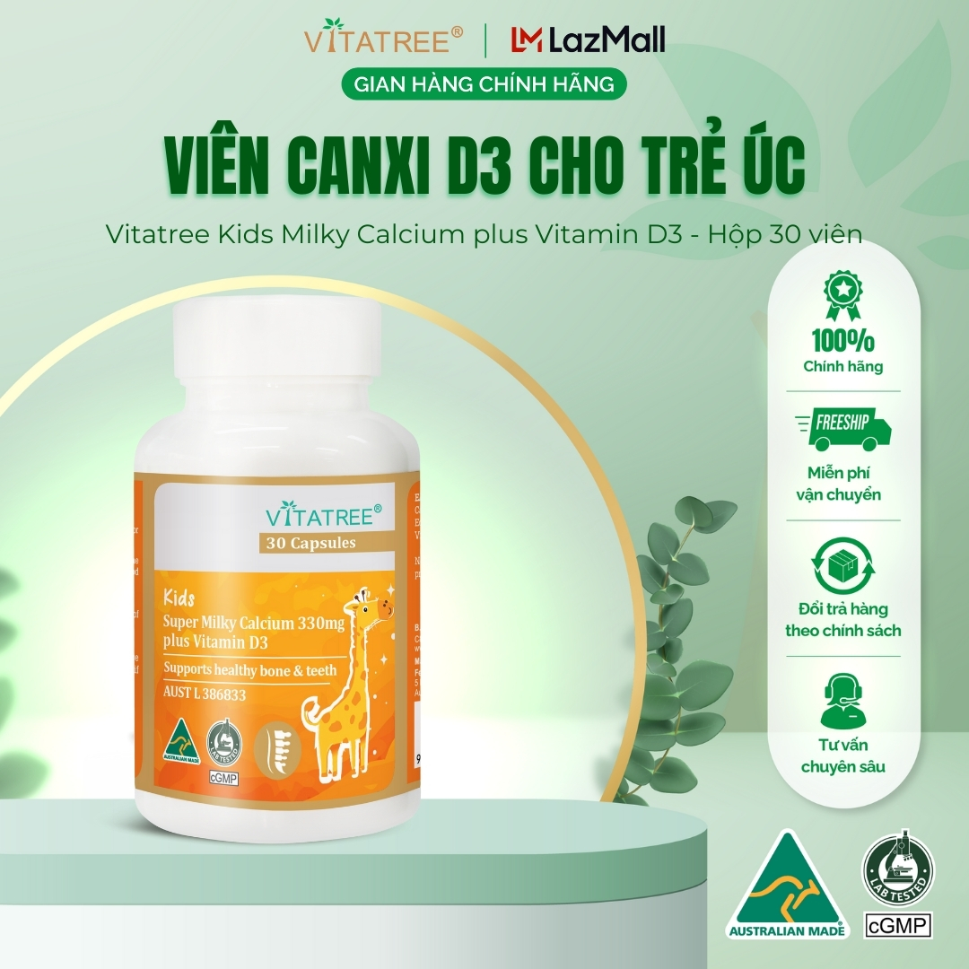 Viên Canxi Sữa Vitatree Kids Super Milky Calcium 330mg plus Vitamin D3 Lọ 30 viên - Hàng chính hãng