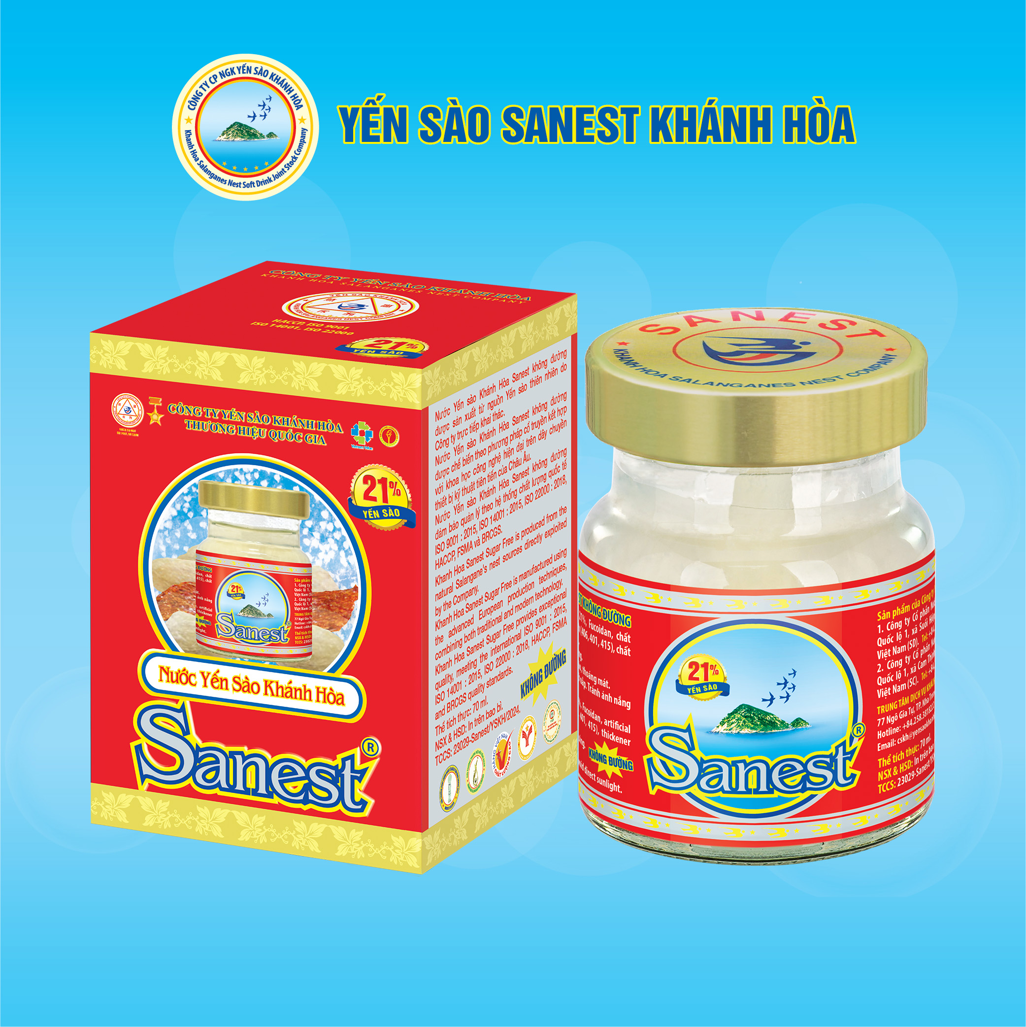 Nước Yến sào Khánh Hòa Sanest Không đường,lọ 70ml, yến sào 21% dành cho mọi độ tuổi.