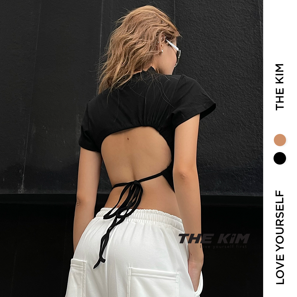 TheKim A159 Áo croptop ngắn tay hở lưng cổ cao , thun tay ngắn buộc dây lưng