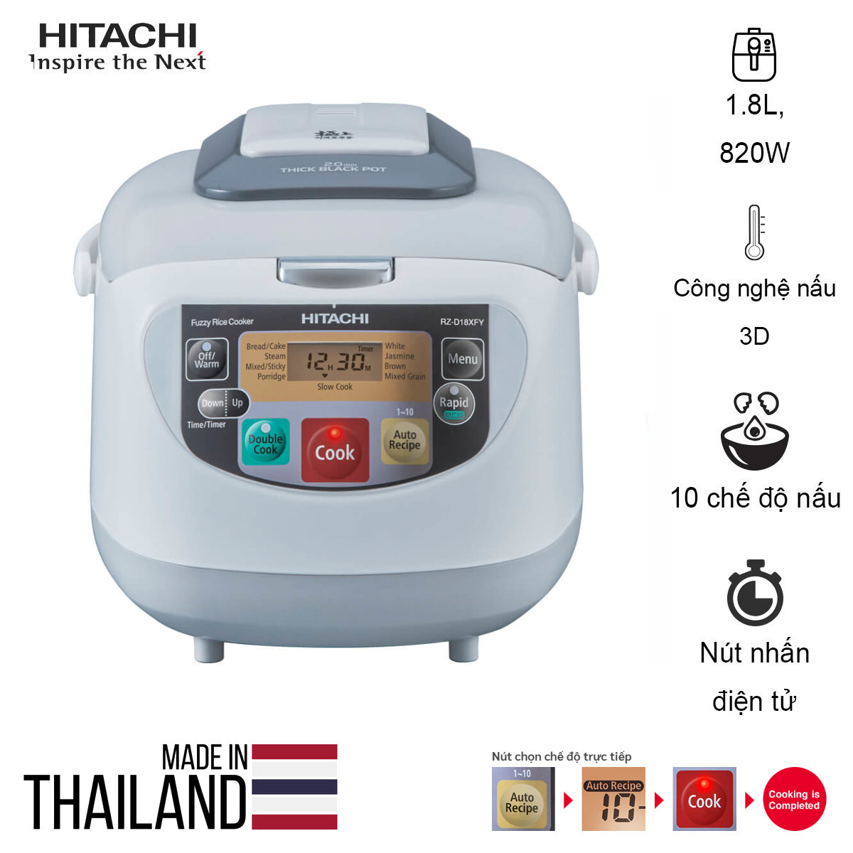Nồi cơm điện tử hitachi nhật bản rz-d18xfy-gwh dung tích 1.8l, chế độ double cook auto recipe 10 món, made in thailand