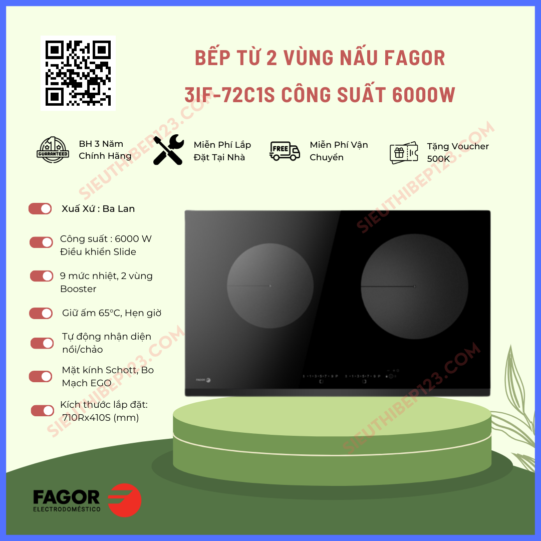 Bếp từ FAGOR 2 vùng nấu 3IF-72C1S (300.0007), nhập khẩu ba lan, bảo hành 3 năm tại nhà
