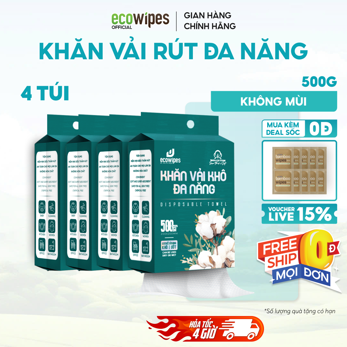 TẶNG MÓC TREO_Thùng 04 túi khăn vải rút khô đa năng EcoWipes 500Gr túi rút treo tường lau mặt tẩy trang