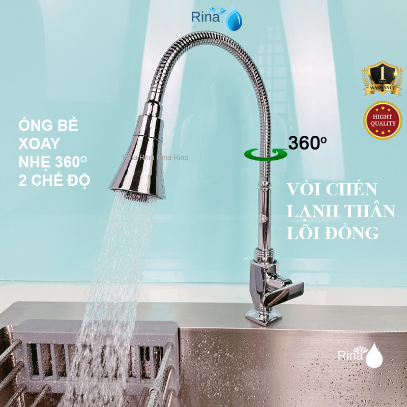 Bẻ được mọi vị trí vòi rửa chén bát lạnh bẻ lò xo quay 360 độ rina rn6014 ống loa, vòi lò xo bóng đầu loa 2 chế độ nước tăng áp