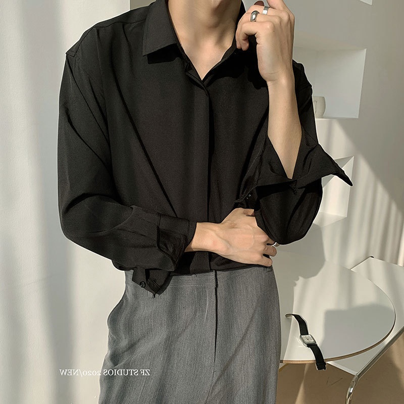 Áo sơ mi nam giấu cúc dài tay unisex, Áo sơ mi dáng suông basic trơn thời trang xuân hè 2022 dễ mặc -