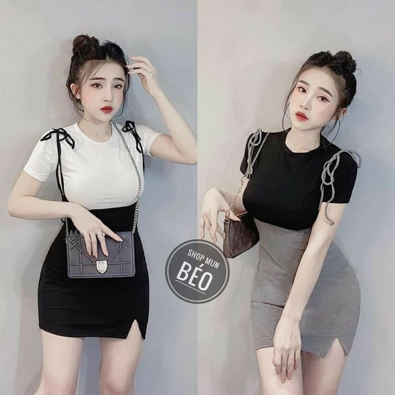 Set yếm ngắn dây buộc nơ vai phối áo thun hàng vnxk