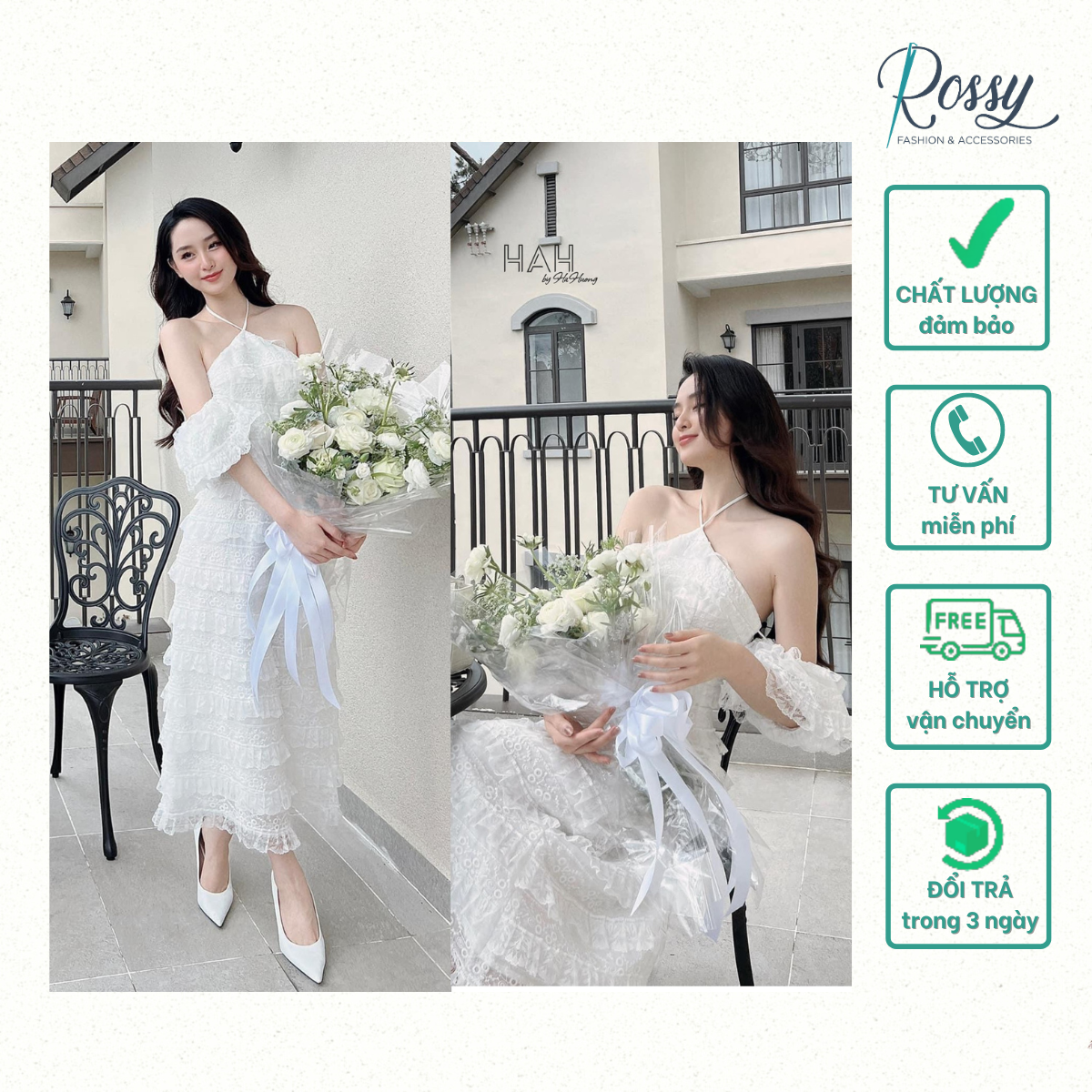 Đầm midi cổ yếm ren hoa trắng rớt tay phồng Freesize đầm maxi đi biển, dạ hội Rossy Fashion - SR230