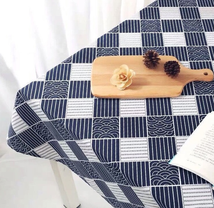 Khăn trải bàn trà vải canvas có viền mép họa tiết kẻ chéo phong cách vintage