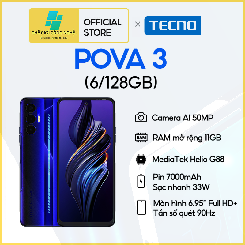 Điện thoại gaming tecno pova 3 /128gb - helio g88 | 7000 mah | sạc nhanh 33w - hàng chính hãng - bh 13 tháng