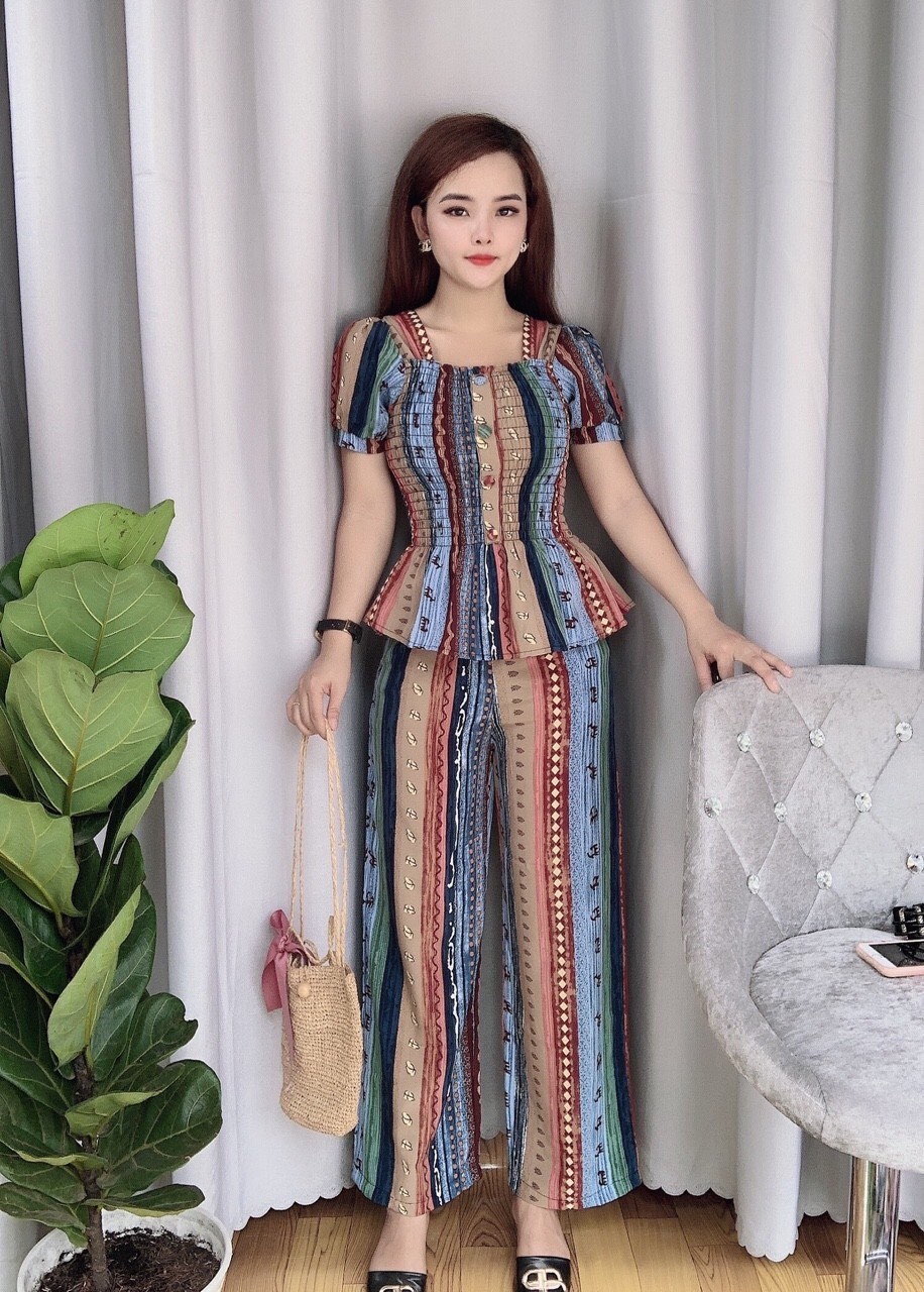 [HCM]Set Thổ Cẩm Họa Tiết Chạy Dọc Tôn Chiều Cao Thời Trang dễ thương siêu hot ( XANH )