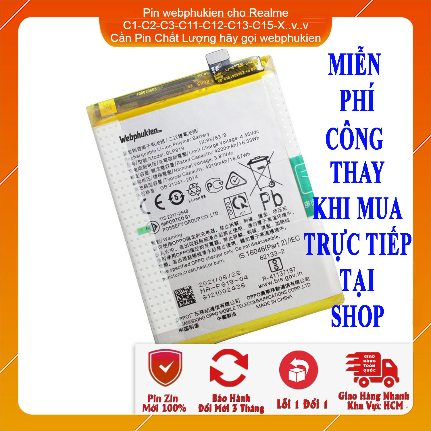 Pin zin hiệu webphukien dành cho điện thoại realme c13,realme x, realme x lite, realme 2 pro,realme u1,realme c1,realme c2,realme c3,realme c11,realme c12,realme c15,realme 3 pro,realme 3,realme 3i,realme 5