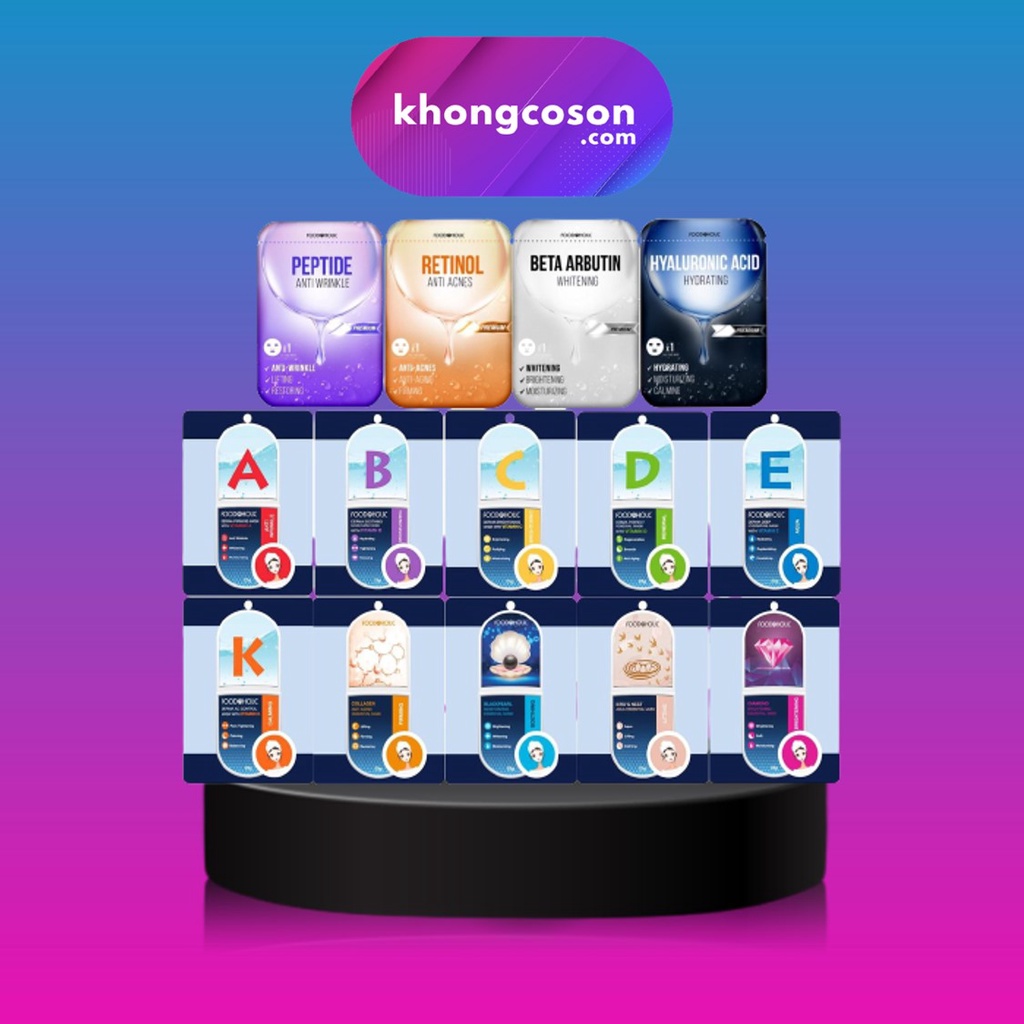 Mặt Nạ Giấy Foodaholic Dưỡng Ẩm Trắng Da Vitamin Retinol Beta Arbutin Peptide Hyaluronic Acid Mask 23g - Khongcoson