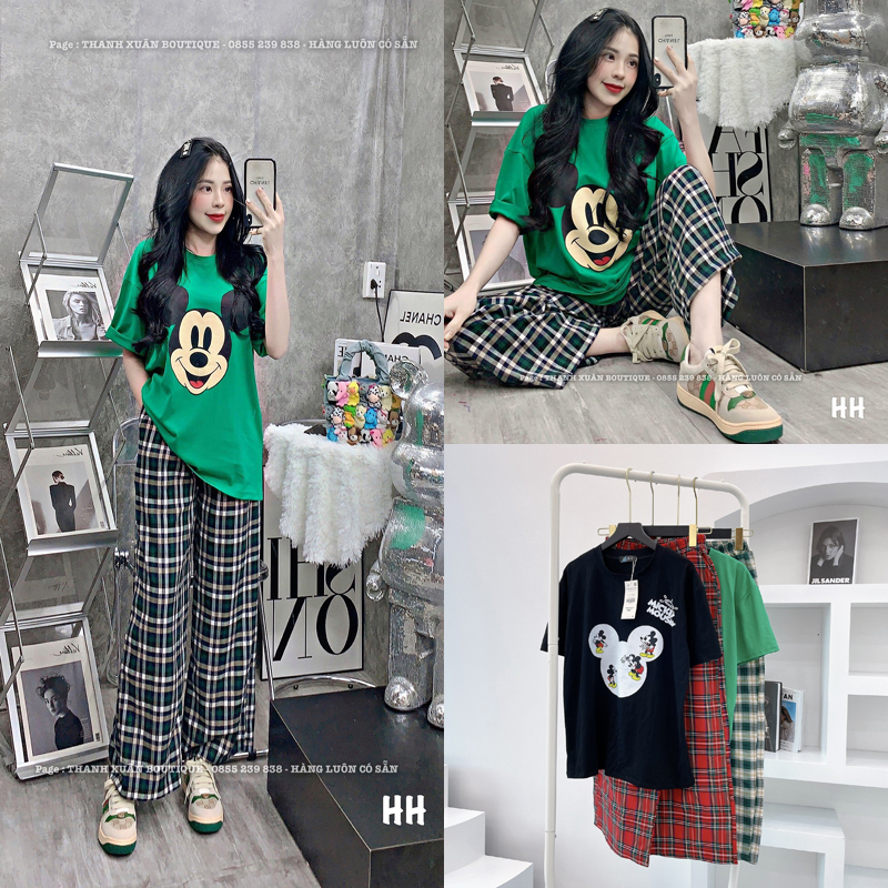 Set bộ mặc nhà nữ áo phông mickey mix quần suông kẻ caro bigsize mùa hè dễ thương cute
