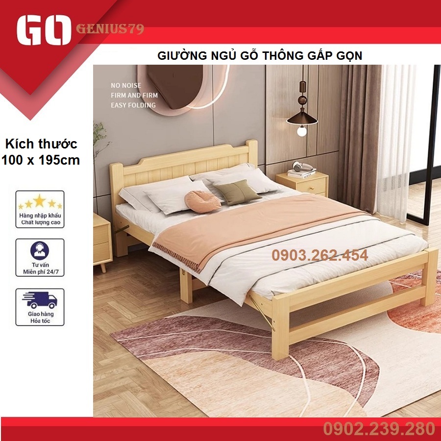 Giường ngủ - Giường ngủ gỗ thông gấp gọn, kích thước 100x195cm, tặng kèm đệm, gối - Re0555-100
