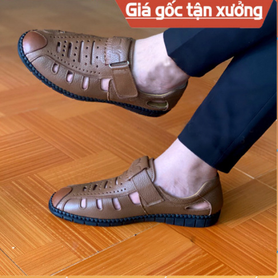Giày rọ nam da bò cao cấp nguyên tấm đế khâu BẢO HÀNH 1 NĂM giày mùa hè đục lỗ thoáng khí giày lười nam da bò đục lỗ H-1 có size 44 màu nâu Men’s Summer Shoes