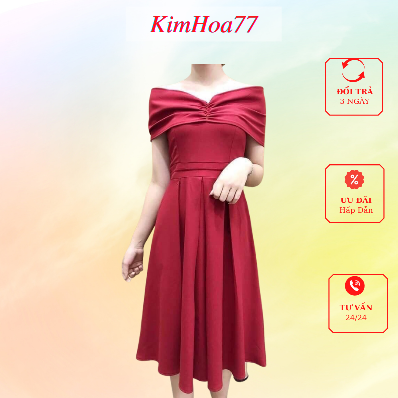 Váy xếp ly trễ vai đầm nữ dự tiệc freesize chất kate lụa siêu xinh kimhoa77