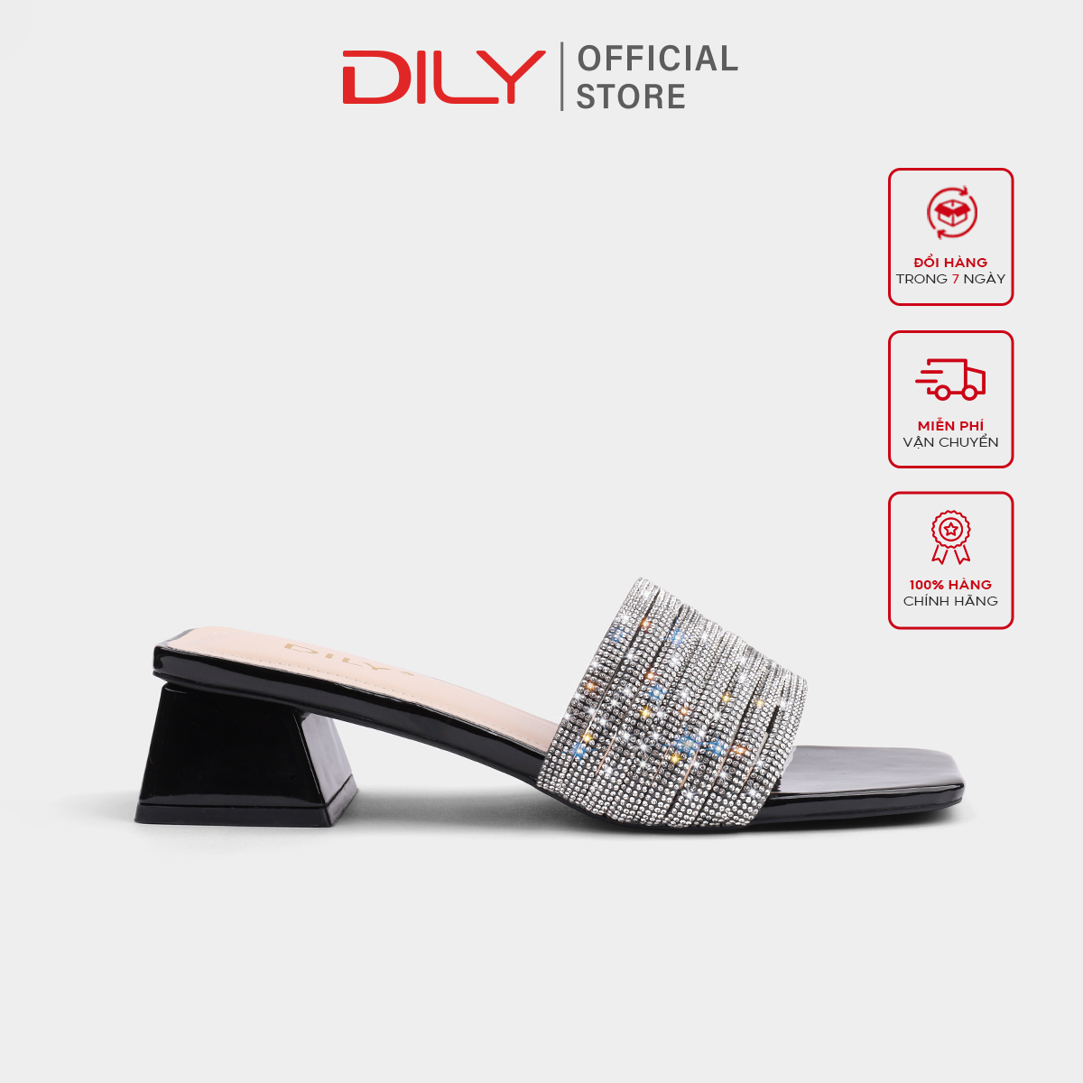 Dép guốc mũi vuông quai đính hạt lấp lánh dily cao 3.5cm_ aa0308