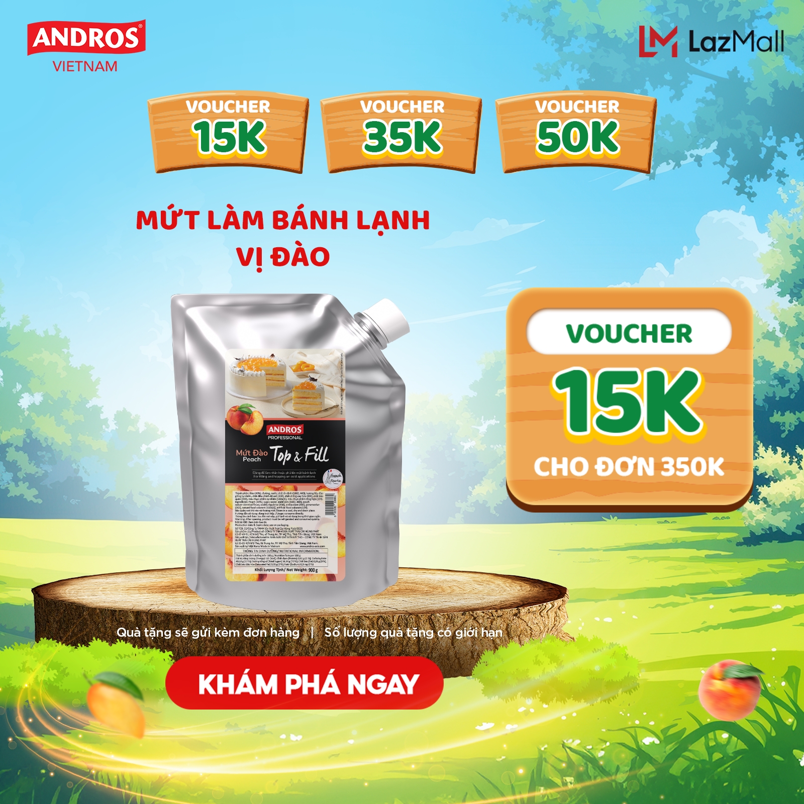 Mứt Trái Cây Dùng Cho Bánh Lạnh Vị Đào - Có miếng trái cây thật - ANDROS Top & Fill - 900G