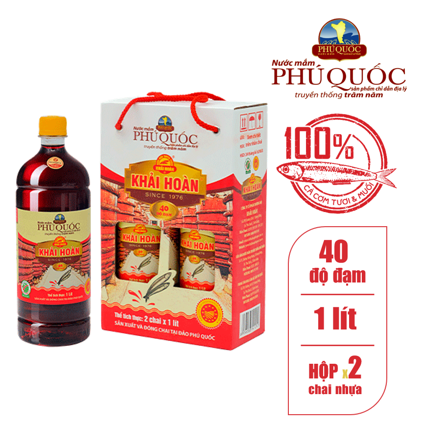 Hộp 2 chai 1 lít nước mắm khải hoàn 40 độ đạm