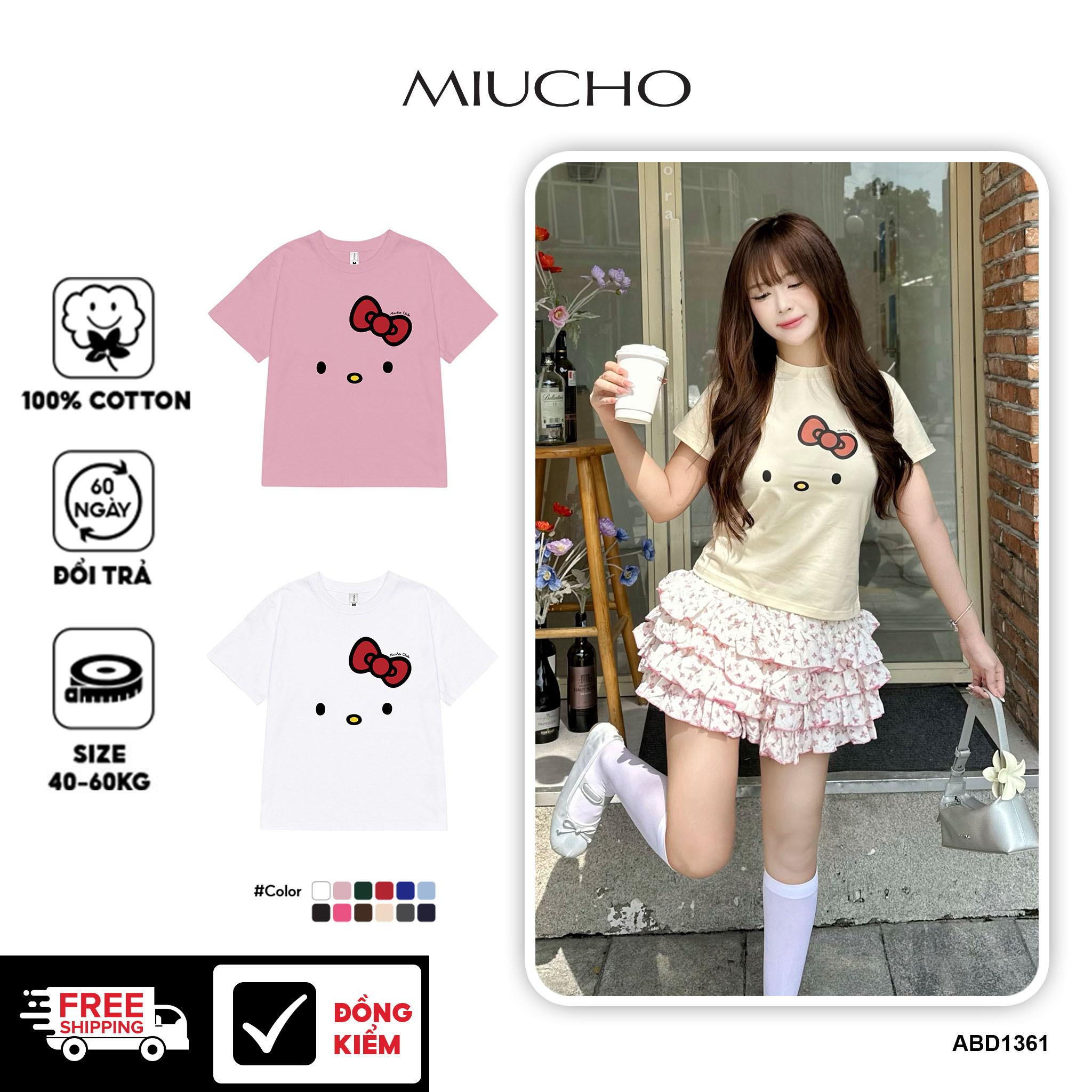  Áo thun baby tee mặt mèo đễ thương ABD1361 Miucho cổ tròn form rộng in mix 