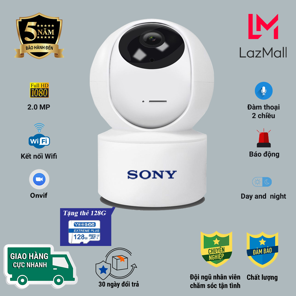 Có Combo thẻ nhớ 128GB - Camera IP wifi giám sát SONY Fullhd 2.0MP xoay 360 sắc nét, Cảnh báo chống trộm, Ghi âm đàm thoại 2 chiều, Kết nối xem từ xa - Bảo Hành 5 Năm