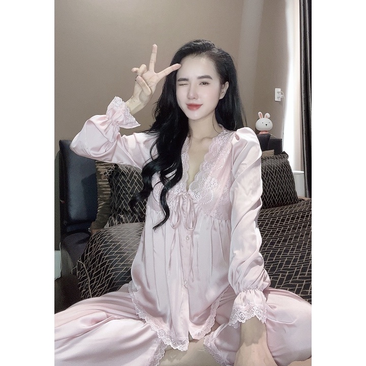 Đồ ngủ pijama tiểu thư tay dài thiết kế phối ren 5 màu chất lụa mịn mượt - đồ bộ nữ freesize