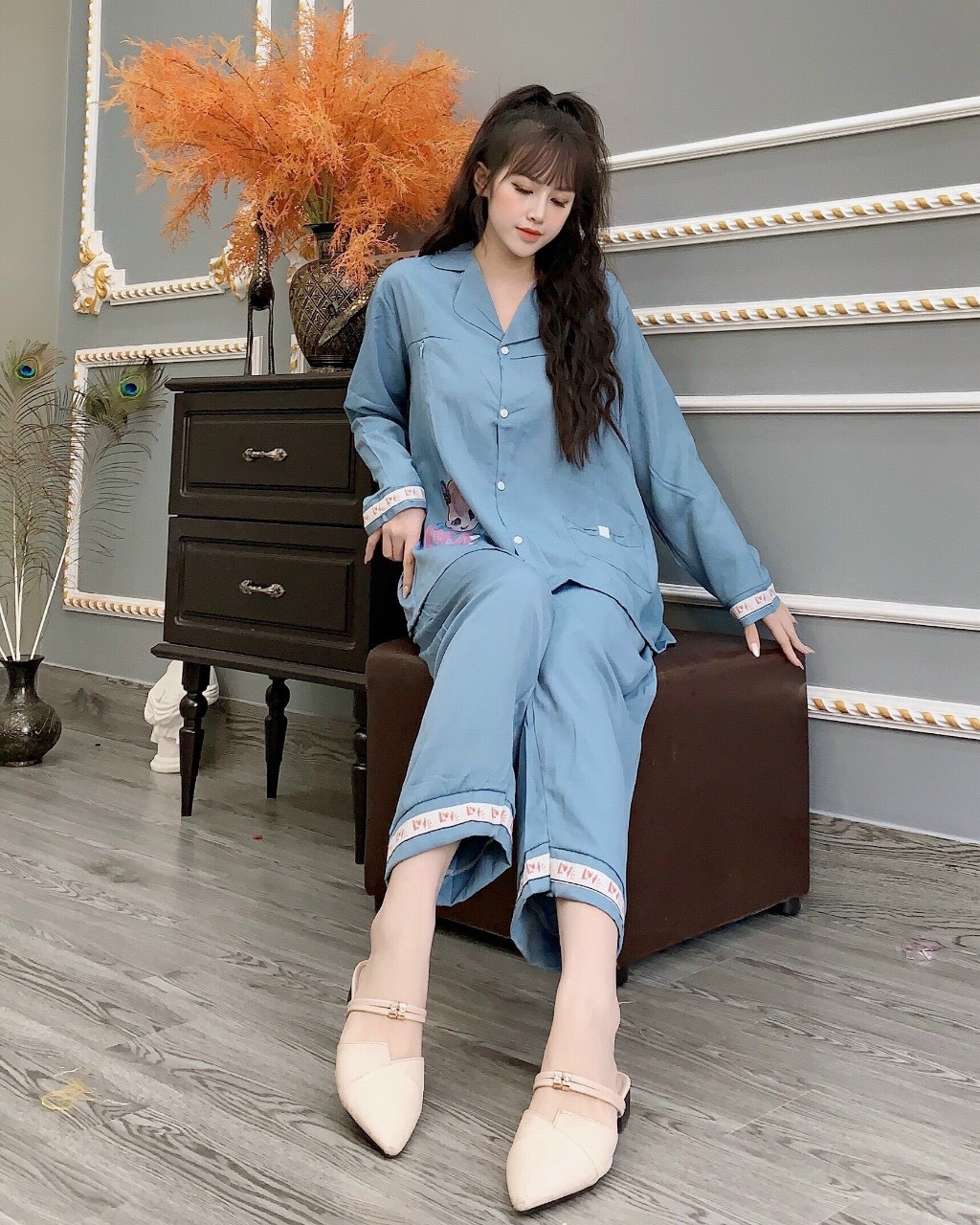 Bộ bầu pyjamas mặc nhà, đồ bầu sau sinh mở cúc cho con bú và quần chun chỉnh bụng, dài tay