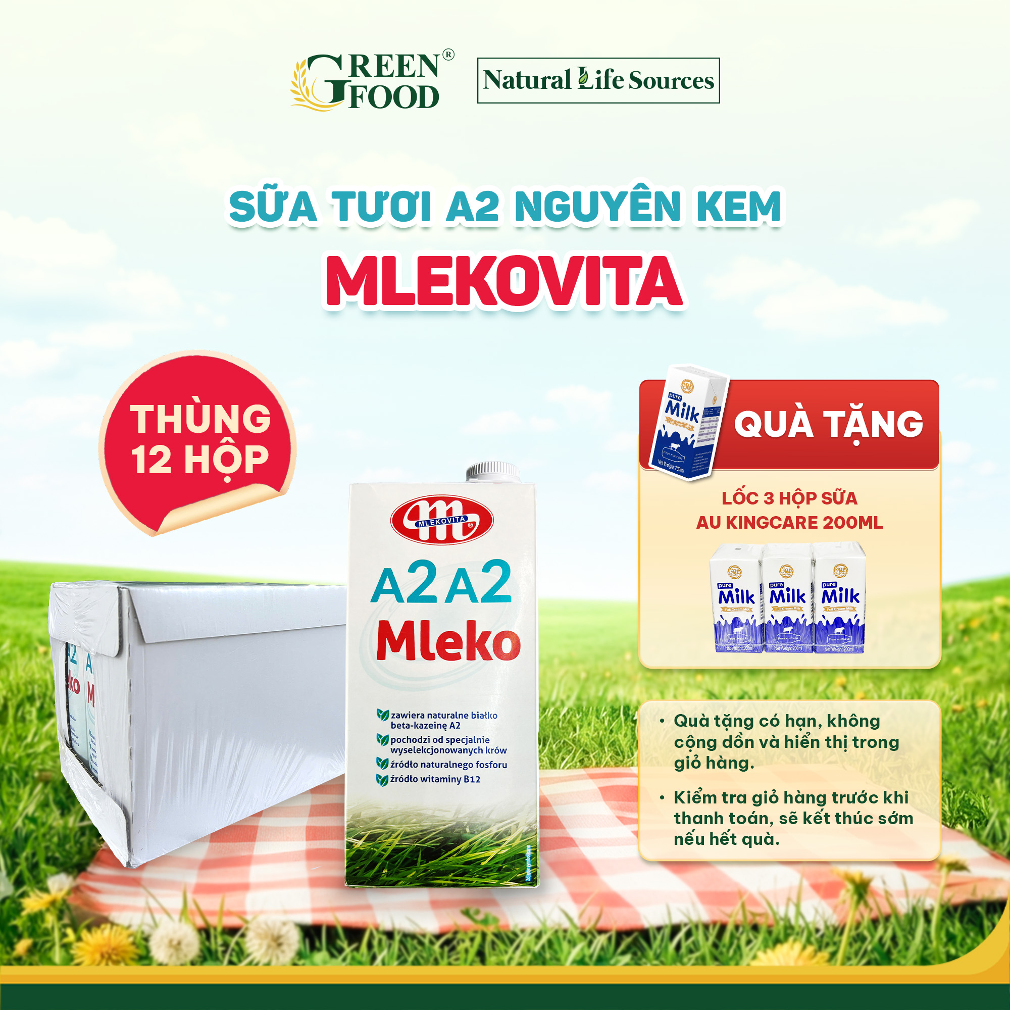 Thùng 12 Hộp Sữa Tươi Mlekovita A2A2 Nguyên Kem Cao Cấp - Hộp 1L nhập khẩu Ba Lan, Độ Béo Cao 3.8 Dễ Tiêu Hóa Giàu Đạm và Canxi