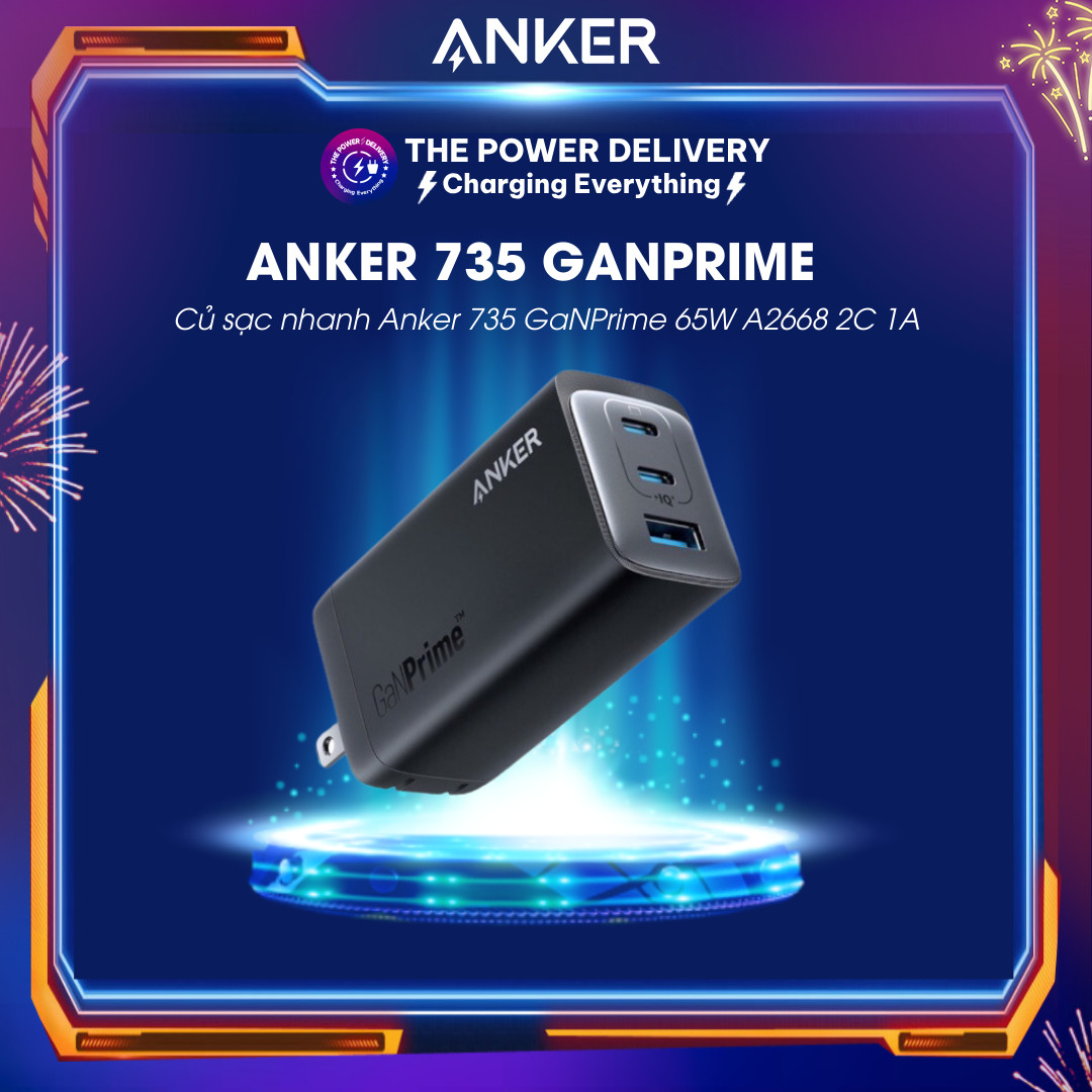 Củ sạc nhanh Anker 735 GaNPrime 65W A2668 2C 1A - Bảo hành 12 tháng