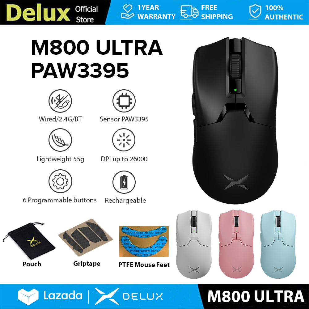 Delux M800 Ultra Chuột chơi game PAW3395 DPI MAX 26000 Có dây 2.4G Bluetooth không dây có thể sạc lạ