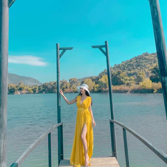Đầm maxi vàng đỏ vintage mẫu dài