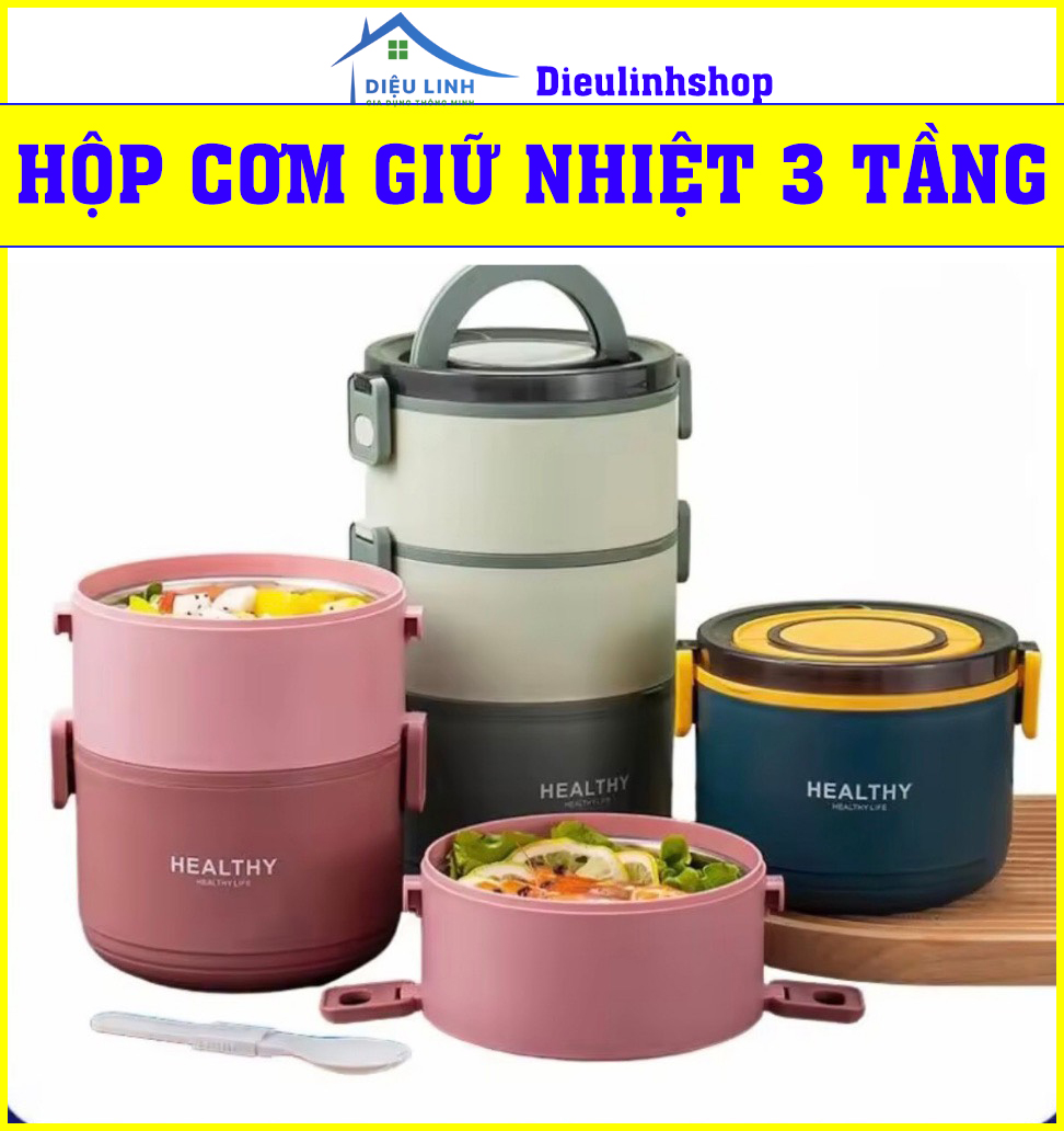 Cặp Lồng Cơm Giữ Nhiệt, Hộp Giữ Nhiệt, Cặp lồng, Cà Men, Hộp Đựng Cơm Giữ Nhiệt, hộp đựng thức ăn 3 tầng Gourmet, Healthy - Hàng chính hãng tramanhshop