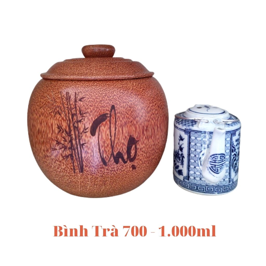 Bình Giữ Ấm Trà Gỗ Dừa Gọn Đẹp Khắc Chữ Thọ Và Bình Trà 700 – 950ml