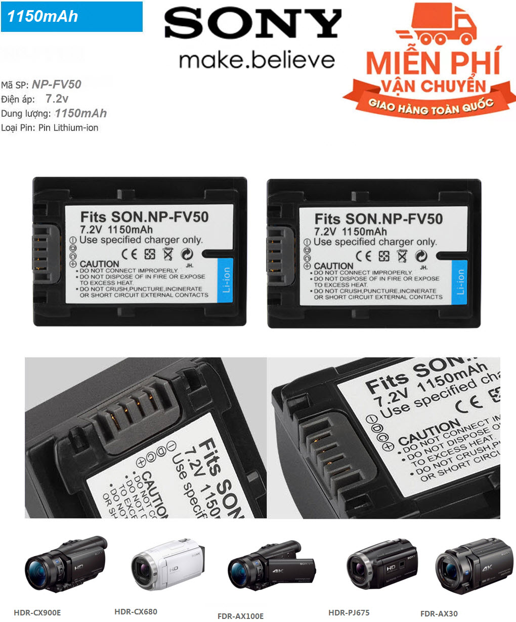 Combo Tiết Kiệm 40% - 02 Pin máy quay phim Sony NP-FV50 Lithium ion Dung Lượng 1150mAh - Pin NP-FV50 NPFV50 NP FV50 1150mAh  Rechargeable Camera Battery for Sony NP-FV30 NP-FV40 HDR-CX150E CX170 XR150 XR350 XR550