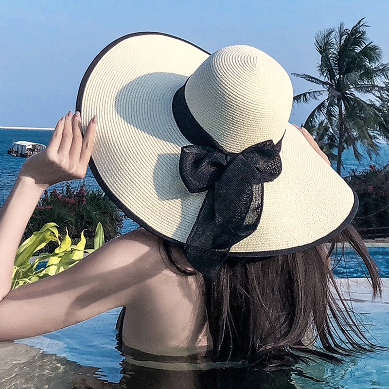 Nón cói đi biển vành đại viền đen nơ đen