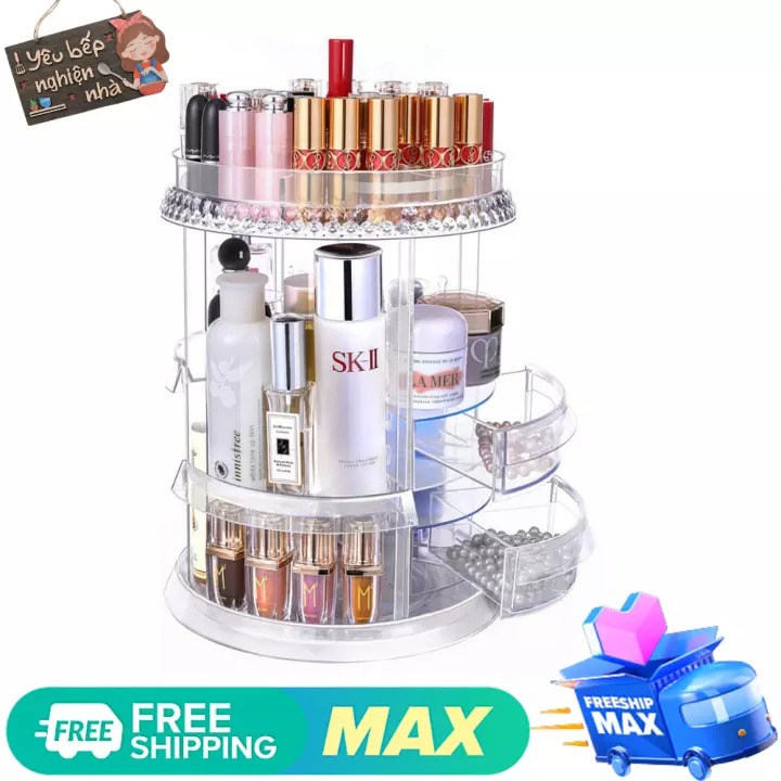 Kệ Mỹ Phẩm  Độ Cao Cấp-Kệ Đựng Mỹ Phẩm Trong Suốt -Siêu Bền, Khay Đựng Mỹ Phẩm Tiện Dụng -Kệ đựng mỹ phẩm, Kệ Đựng Mỹ phẩm 3 tầng, 2 ngăn kéo, tủ đựng mỹ phẩm-Kệ Mỹ Phẩm Xoay 360 độ trong suốt-Khay đựng son 24 ô