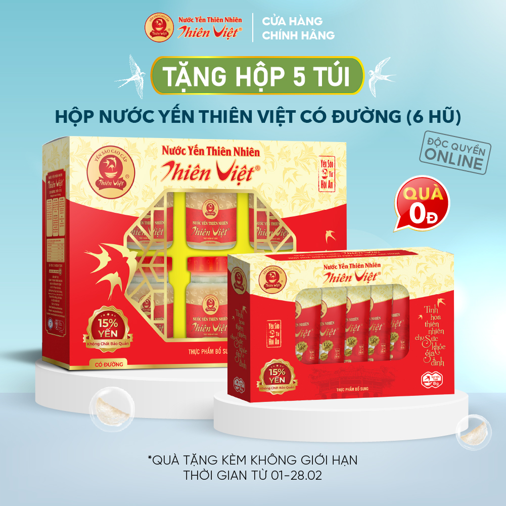 Nước Yến Sào Thiên Việt cao cấp 15% yến tổ - Có Đường (Hộp 6 hũ x 70ml)