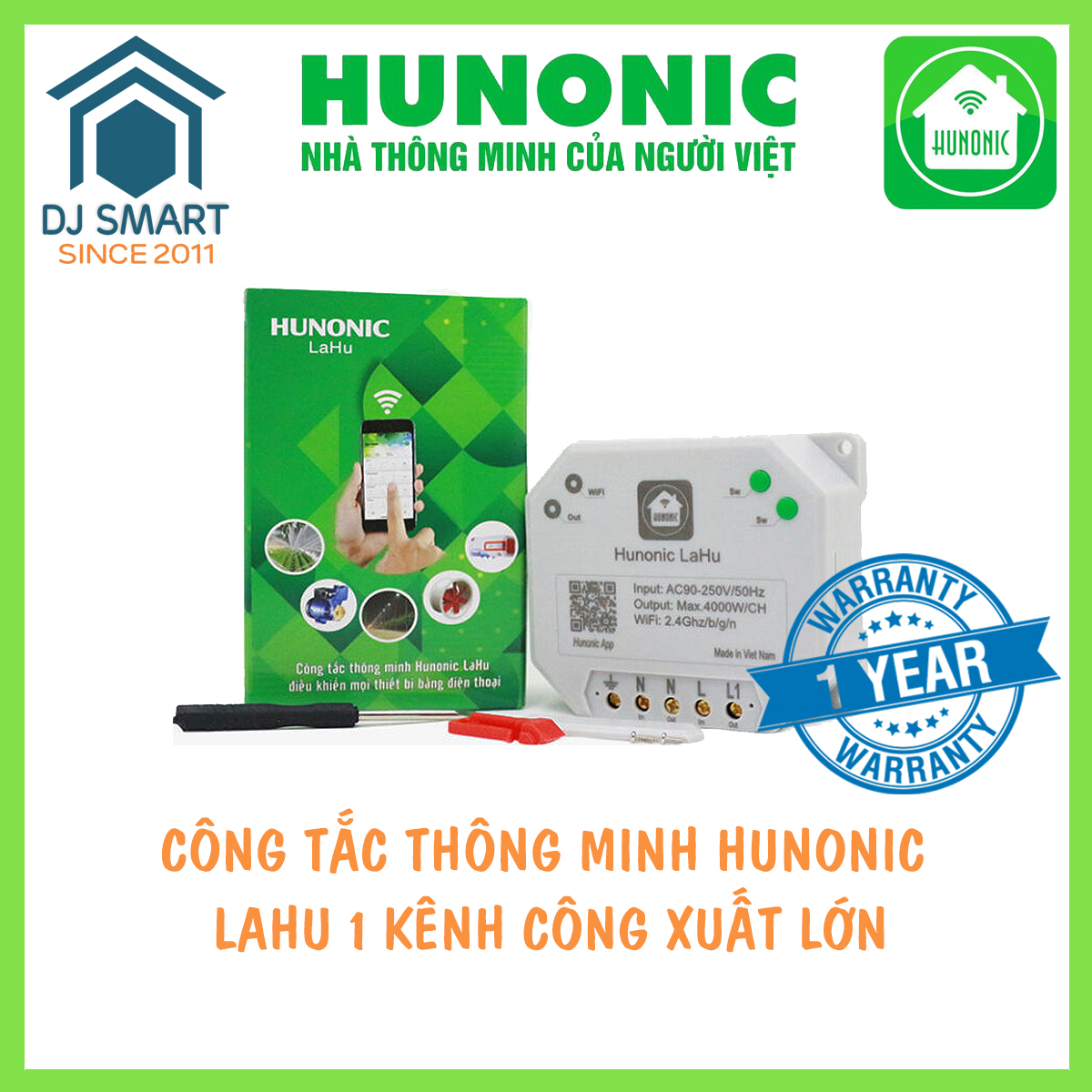 Công tắc thông minh Hunonic Lahu01 CSL Lahu 1 kênh Công Suất Lớn 4000W, điều khiển mọi thiết bị từ xa qua điện thoại- 1 ĐỔI 1 TRONG 12 THÁNG