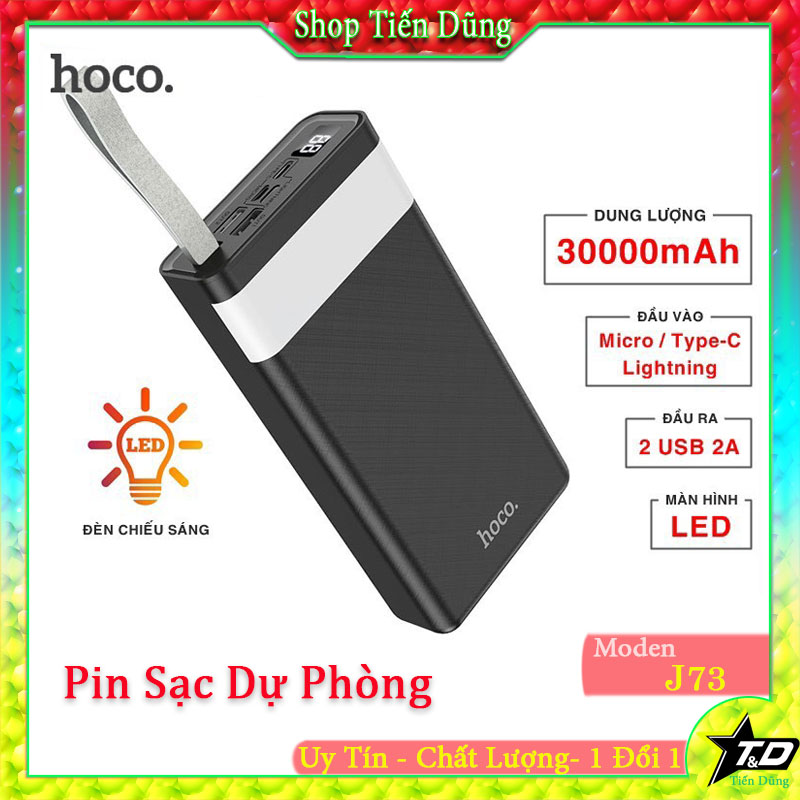 Pin Sạc Dự Phòng Hoco J73 dung lượng 30000mAh 2 Cổng Input, 3 Cổng Output, Đèn Pin Siêu Sáng