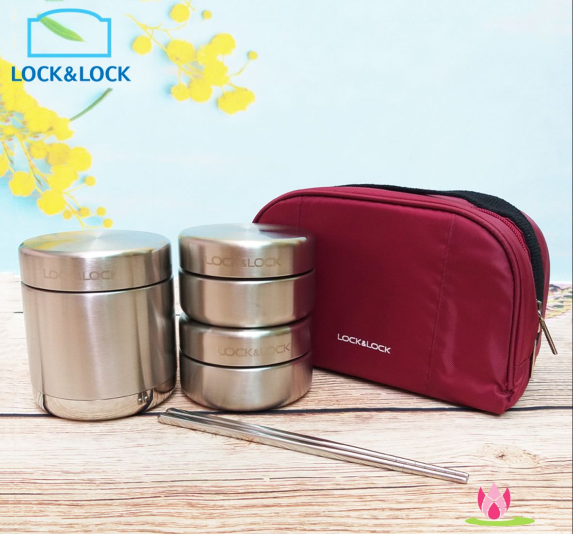 Bộ hộp cơm giữ nhiệt inox 304 lock&lock lhc8015 túi đỏ kèm đũa