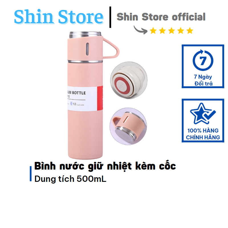 Bình nước giữ nhiệt kèm cốc 500ml, Bộ quà tặng bình giữ nhiệt inox 304 tặng kèm 2 cốc có quai - SHINSTORE